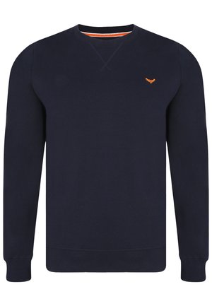 Navy blue sweatshirt made of cotton, featuring a crew neck, long sleeves, and a small orange logo on the chest. Simple, classic design.