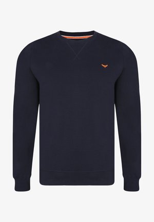 Navy blue sweatshirt made of cotton, featuring a crew neck, long sleeves, and a small orange logo on the chest. Simple, classic design.