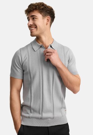 Light gray knitted polo shirt with a collar, short sleeves, vertical ribbed texture, and a half zipper at the neck.