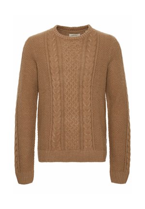 Kötött pulóver bézs színben, fonott és texturált mintákkal, kerek nyakkivágással, bordás szegéllyel és mandzsettával, puha, vastag anyagból készült.
