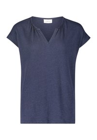 Námořnická modrá tričko s krátkým rukávem a V-výstřihem, s nařasením kolem výstřihu, vyrobené z měkké, lehké látky.