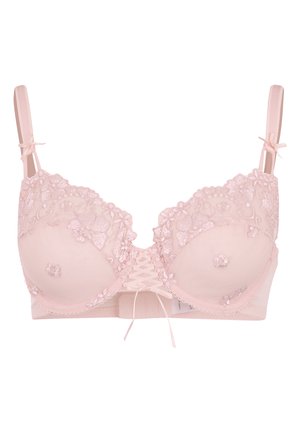 Spitzen-BH in sanftem Rosa mit floralem Stickerei, tiefer Ausschnitt, verstellbaren Trägern und einem vorderen Schnürdetail. Glattes, transparentes Material.