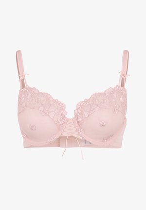 Spitzen-BH in sanftem Rosa mit floralem Stickerei, tiefer Ausschnitt, verstellbaren Trägern und einem vorderen Schnürdetail. Glattes, transparentes Material.