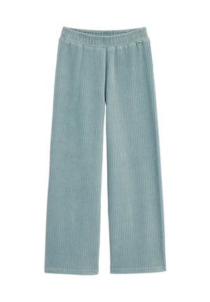 Helle blaue, gerippte, weit geschnittene Hosen mit elastischem Bund, aus weichem, strukturiertem Stoff.
