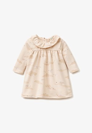 Abito beige per neonati a maniche lunghe con colletto a volant e motivo sottile di uccelli e nuvole, realizzato in tessuto morbido.