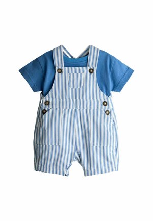 Niebieska koszula z krótkim rękawem w połączeniu z białymi i niebieskimi, pionowo paskowanymi krótkimi ogrodniczkami z zapięciami na guziki i kieszeniami z przodu.