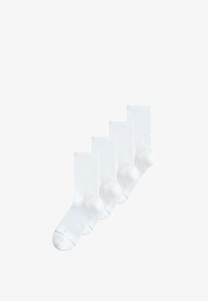 Patru șosete albe pentru echipaj, cu manșete striate și călcâie întărite, aranjate suprapuse pe un fundal alb.