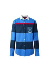 Blauw en marine gestreept shirt met rode accenten, knoopsluiting en witte kraag. Heeft een borstzak met een blauw embleem en stikseldetails.