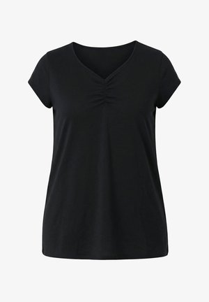 Camiseta negra de manga corta con escote en V y detalle de tela fruncida en el centro del escote delantero.