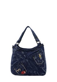 Denim schoudertas, donkerblauw met een gestructureerde oppervlakte. Beschikt over dubbele handvatten, meerdere zakken en decoratieve accenten zoals kralen en bedels.