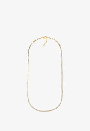 Gold chain necklace with small clear gemstones evenly spaced along its length and an adjustable clasp on a white background.