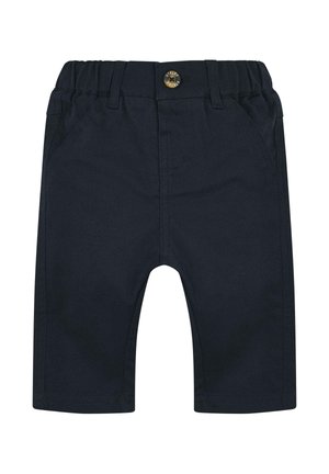 Navy blue toddler pants with elastic waistband, belt loops, a button closure, and front side pockets.