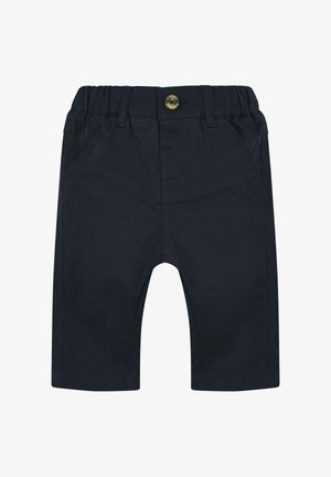 Marineblaue Kleinkinderhose mit elastischem Bund, Gürtelschlaufen, Knopfverschluss und vorderen Seitentaschen.