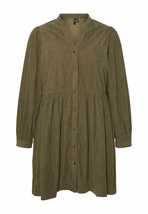 Robe en velours côtelé vert olive à manches longues, avec des boutons sur le devant, taille froncée et col sans col.