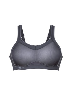 Reggiseno sportivo nero con pannelli in rete, spalline larghe e una fascia elastica liscia. Presenta un design strutturato e un'etichetta con marchio sul davanti.