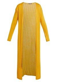 Dlouhý svetr s otevřeným předním dílem v jasně žluté barvě z žebrovaného úpletu s vertikálními bílými pruhy. Má dlouhé rukávy a volný střih.