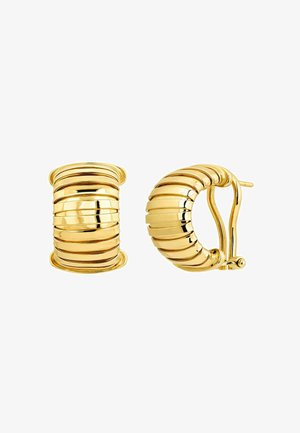 Pendientes de aro dorados con un diseño estriado, que presentan una textura pulida y un cierre seguro. Forma redondeada con un acabado suave.