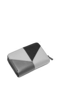 Zippered wallet in black, gray, and light gray leather. Features a geometric design with triangle shapes and textured surfaces.