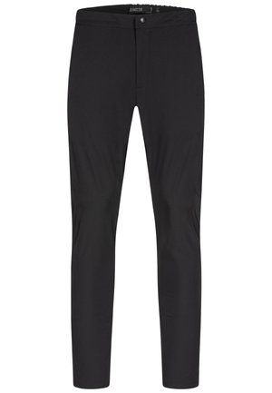 Black trousers made from a smooth fabric, featuring a fitted design, flat front, and side pockets with minimal detailing.