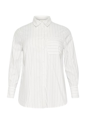 Camicia bianca con righe verticali blu, tasca sul petto sinistro, maniche lunghe con polsini abbottonati e colletto classico.