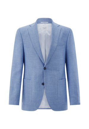 Hellblauer Herrenblazer mit zwei dunklen Knöpfen, zwei vorderen aufgesetzten Taschen, Revers mit Kerbe und einem glatten hellgrauen Innenfutter.