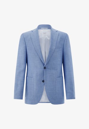 Hellblauer Herrenblazer mit zwei dunklen Knöpfen, zwei vorderen aufgesetzten Taschen, Revers mit Kerbe und einem glatten hellgrauen Innenfutter.