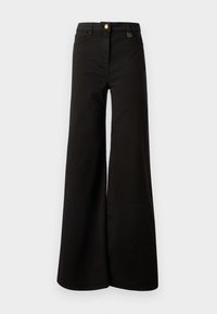 Μαύρο τζιν παντελόνι με φαρδιά πόδια και ψηλή μέση, κατασκευασμένο από τζιν ύφασμα, με κλείσιμο χρυσού κουμπιού, πλαϊνές τσέπες και ελαφρώς υφασμένη επιφάνεια.