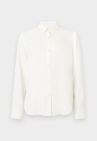 Camisa blanca de manga larga con cuello y puños, de diseño sencillo y liso, exhibida sobre un fondo blanco.