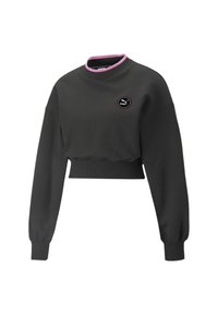 Cropped dark gray sweatshirt with a round neck, pink ribbed collar, and a black Puma logo patch on the chest. Long sleeves with ribbed cuffs.