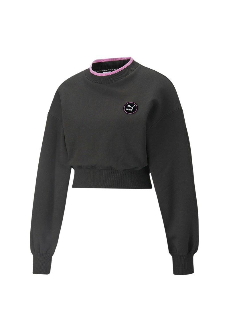 Cropped dark gray sweatshirt with a round neck, pink ribbed collar, and a black Puma logo patch on the chest. Long sleeves with ribbed cuffs.