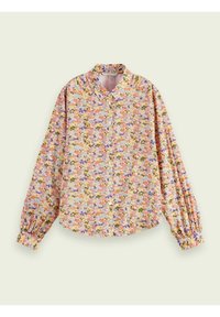 Květinová košile s knoflíky, která se vyznačuje pastelovou barevnou paletou se vzory v oranžové, růžové a zelené barvě, dlouhými rukávy a uvolněným střihem.