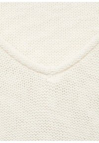 White knitted sweater with a V-neck design, featuring a textured stitch pattern and a soft, lightweight material.