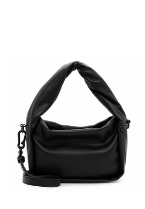 Black soft leather handbag with padded twisted handle, detachable strap, and subtle brand logo on the front.