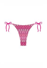 Culotte da bikini rosa con motivo a onde multicolori e laccetti laterali, progettata per l'uso in costume da bagno.