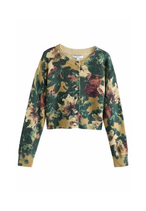Cropped cardigan in knit fabric with an abstract floral pattern in green, yellow, and burgundy. Features five button closure and ribbed cuffs.