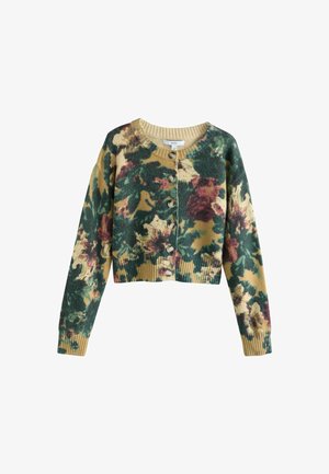 Cardigan scurt din țesătură tricotată, cu un model floral abstract în verde, galben și burgund. Are un sistem de închidere cu cinci nasturi și manșete cu zimți.