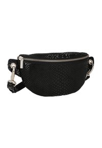 Black faux snakeskin fanny pack with a zip closure, oval shape, silver-tone hardware, and adjustable strap for secure wear.