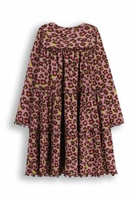 Sukienka w panterkę w kolorze różowym, z długimi rękawami, warstwowym fasonem, marszczonymi falbanami i okrągłym dekoltem. Wykonana z lekkiego materiału.