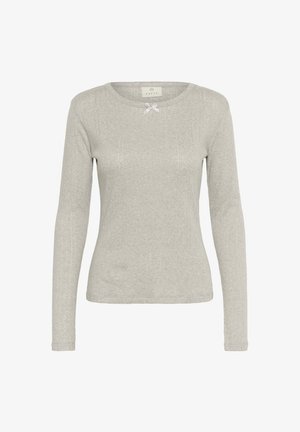 Siva dolgi rokav top iz mehkega, strukturiranega blaga s rebrastim vzorcem in majhno pentljo kot dodatkom na izrezu.