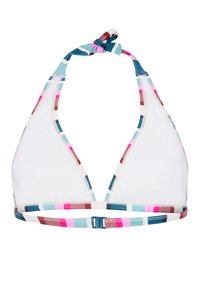 Trigubas bikini viršus su baltu audiniu, papuoštas spalvingais dryžuotais akcentais rožinės, mėlynos ir rudos spalvos. Kaklo raišteliai, reguliuojama nugaros užsegimo sistema.