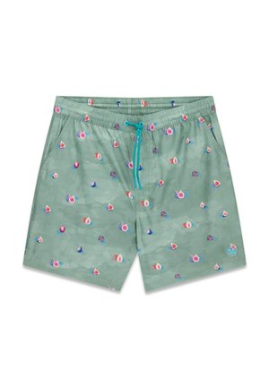 Herren leichte grüne Badeshorts mit durchgehendem Feigenfruchtmuster und einem türkisen Kordelzug am elastischen Bund.