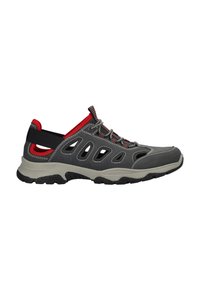 Gray outdoor shoe with red accents, lace-up design, and cutouts on the sides. Features a textured rubber sole and padded heel.