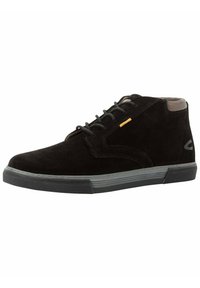 Black suede high-top shoe with gray rubber sole, featuring black laces, yellow accent, and a smooth texture.