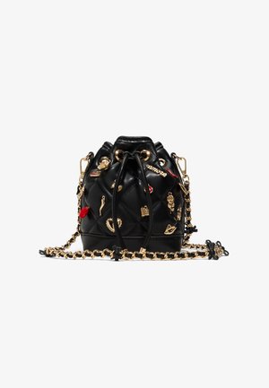 Black quilted leather bucket bag with gold chain strap, drawstring closure, and various gold and red decorative charms.