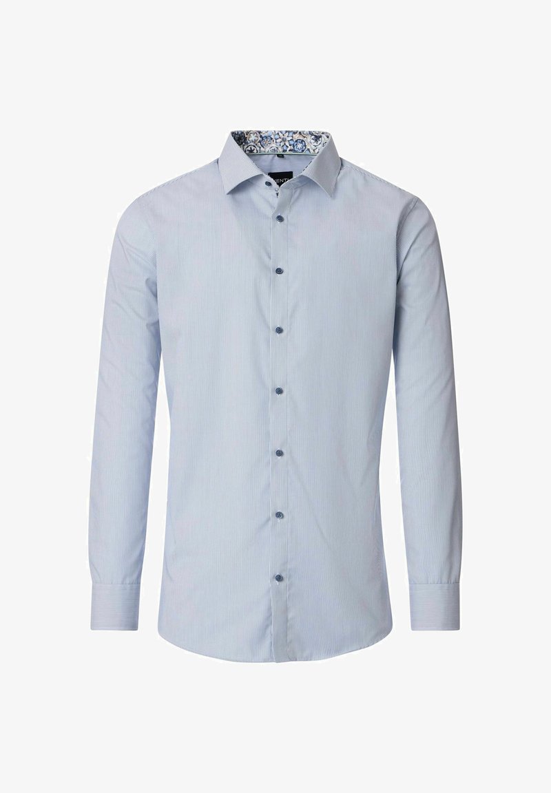 Lichtblauw overhemd met lange mouwen, dunne witte strepen, met een knoopsluiting aan de voorkant en een gekleed kraagvoering in blauwe tinten.