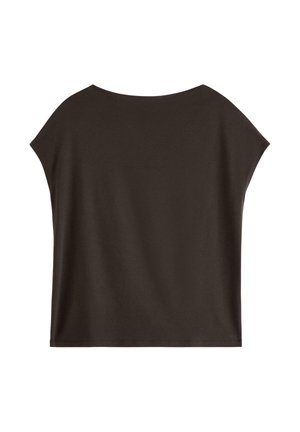 Donkerbruin T-shirt met korte mouwen, met een losse pasvorm, brede halslijn en een zachte textuur. Eenvoudig, onversierd ontwerp zonder zichtbare graphics of patronen.