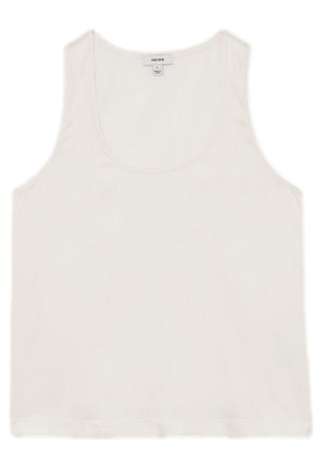 Valge varrukateta t-särk, mis on ümar kaelusega, väike suuruse silt kaeluse sees.