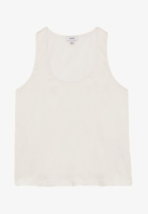 Weißes ärmelloses Tanktop mit Rundhalsausschnitt und einem kleinen Größenetikett im Halsausschnitt.