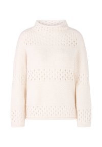 Weißer Strickpullover mit hohem Kragen, der über strukturierte Einsätze und offene Strickmuster verfügt. Lange Ärmel mit gerippten Bündchen.