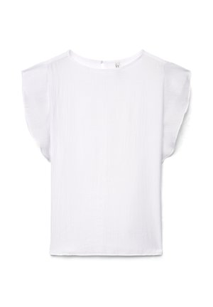 Camicia bianca a maniche corte in tessuto strutturato con maniche arricciate a volants, caratterizzata da scollo rotondo e chiusura posteriore con bottoni.